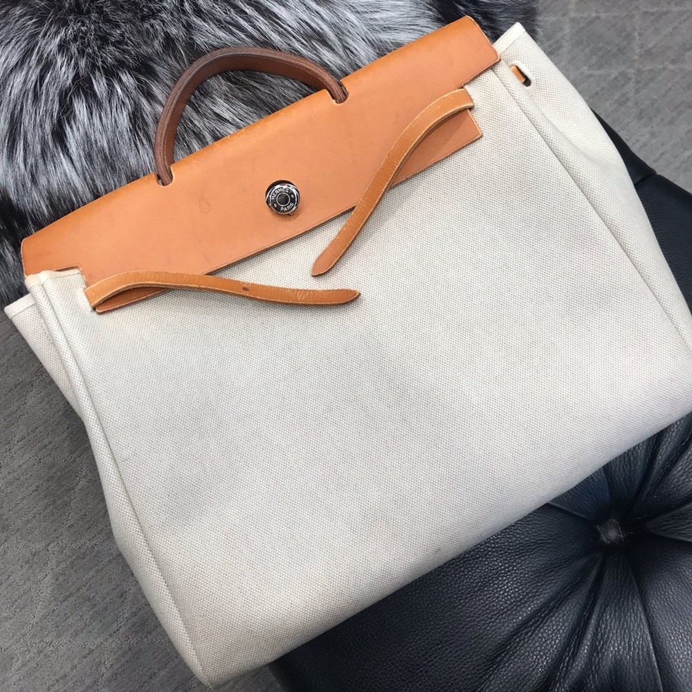Hermes Herbag Cognac/Beige Toile H Canvas 2In1 Bag